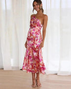 Floral One-Shoulder Draped Asymmetrical Maxi Dress for Women