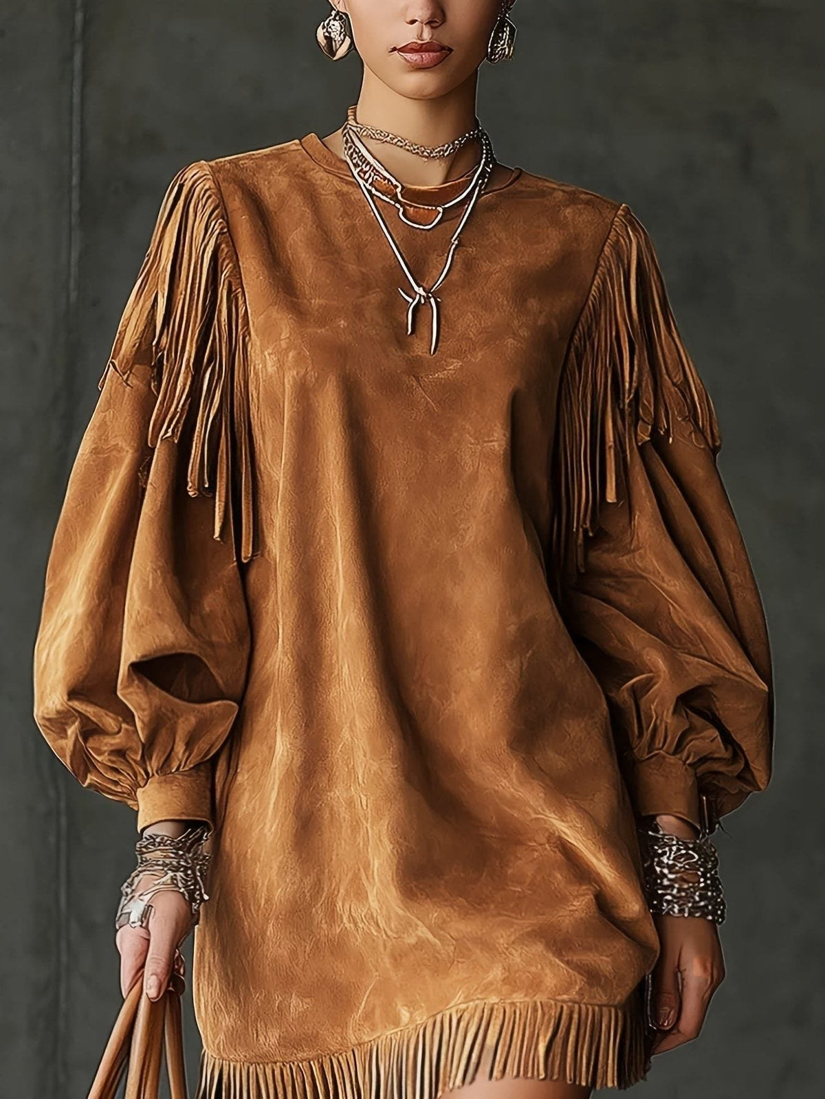 Suede Maxi Dress with Bell Sleeves and Fringe for Women