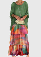 Tiered Maxi Dress with Relaxed Tunic Top and Three-Quarter Sleeves