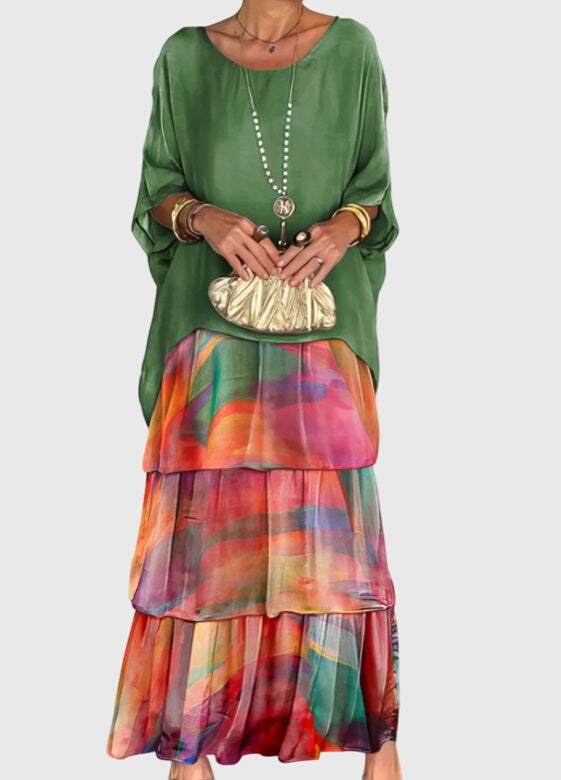 Tiered Maxi Dress with Relaxed Tunic Top and Three-Quarter Sleeves