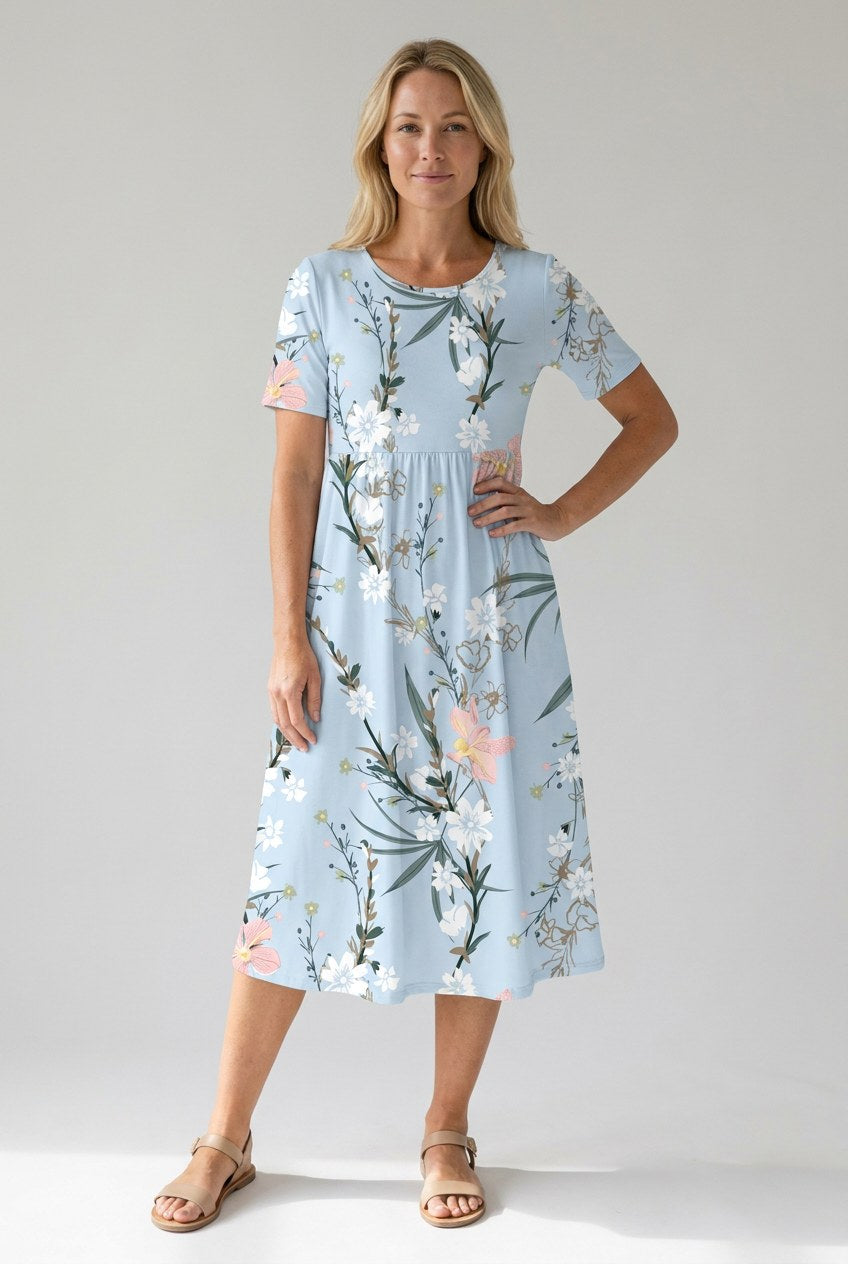 Floral A-Line Midi Dress with Short Sleeves and Gathered Silhouette