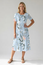 Floral A-Line Midi Dress with Short Sleeves and Gathered Silhouette