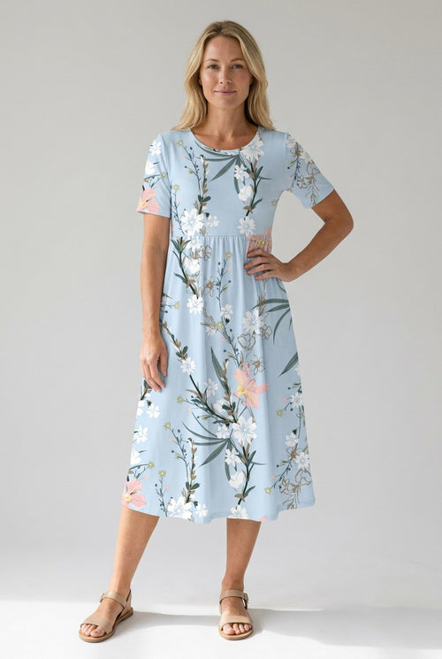 Floral A-Line Midi Dress with Short Sleeves and Gathered Silhouette