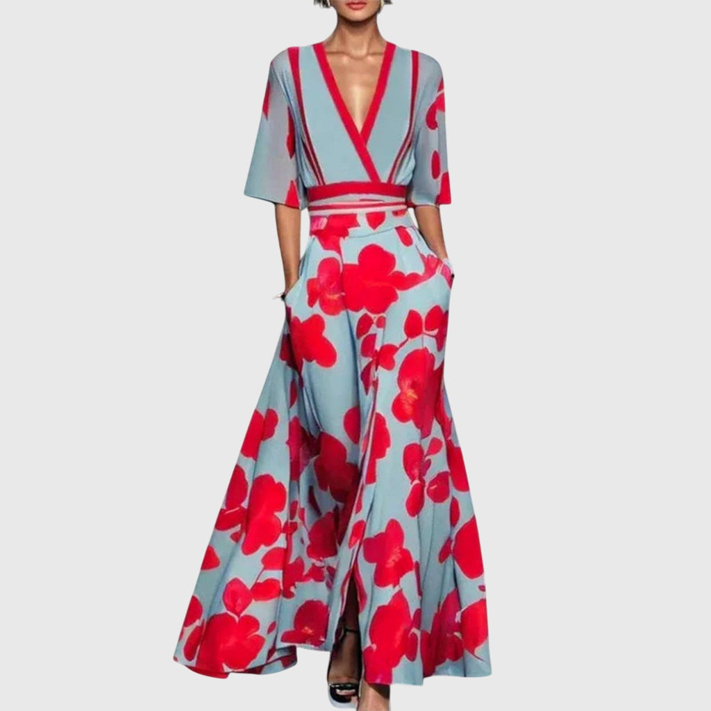 Floral Wrap Maxi Dress with Tie Waist, Deep V Neckline and Three-Quarter Sleeves
