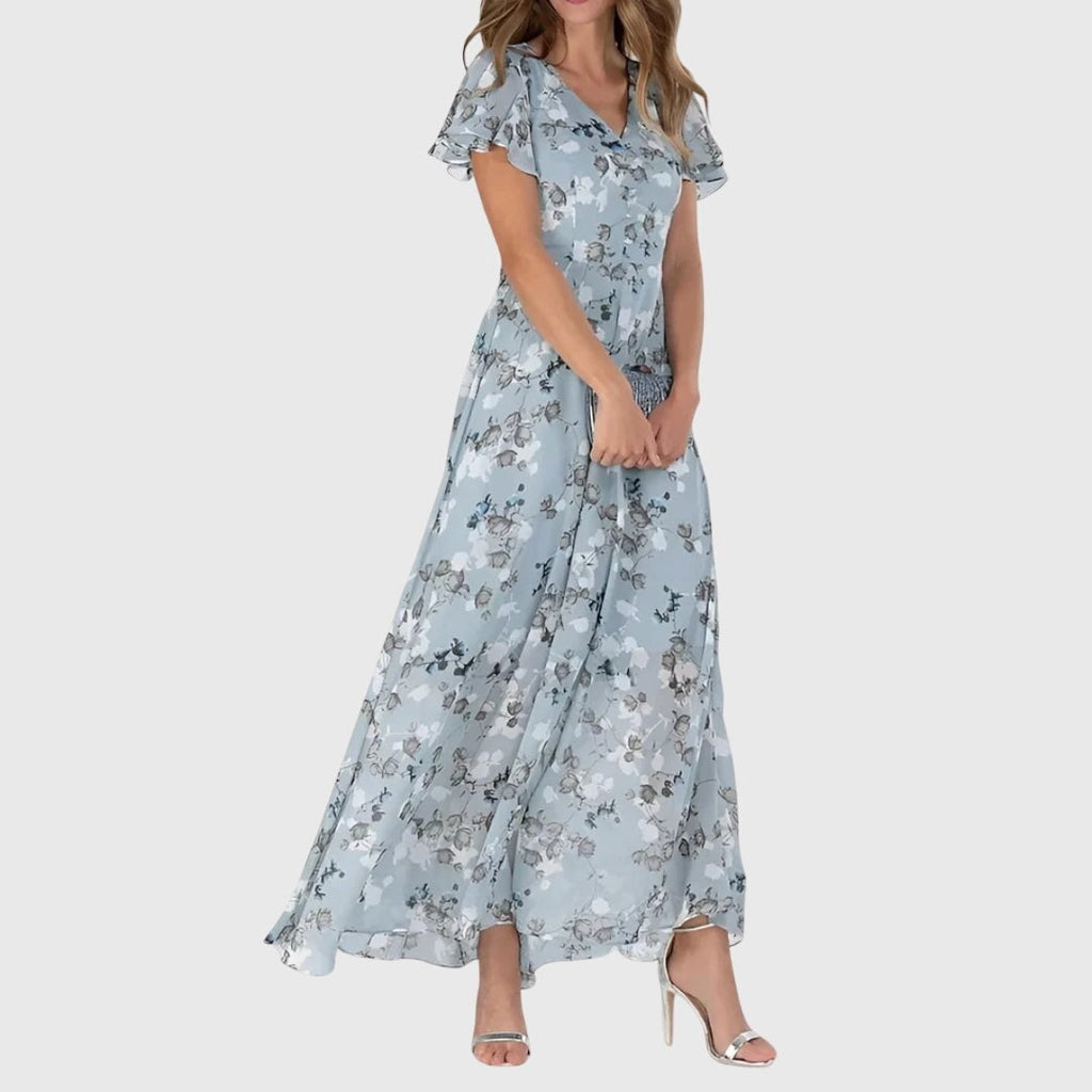 Floral V-Neck Maxi Dress with Flutter Sleeves and Relaxed Bodice