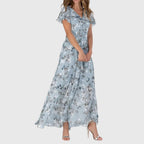 Floral V-Neck Maxi Dress with Flutter Sleeves and Relaxed Bodice