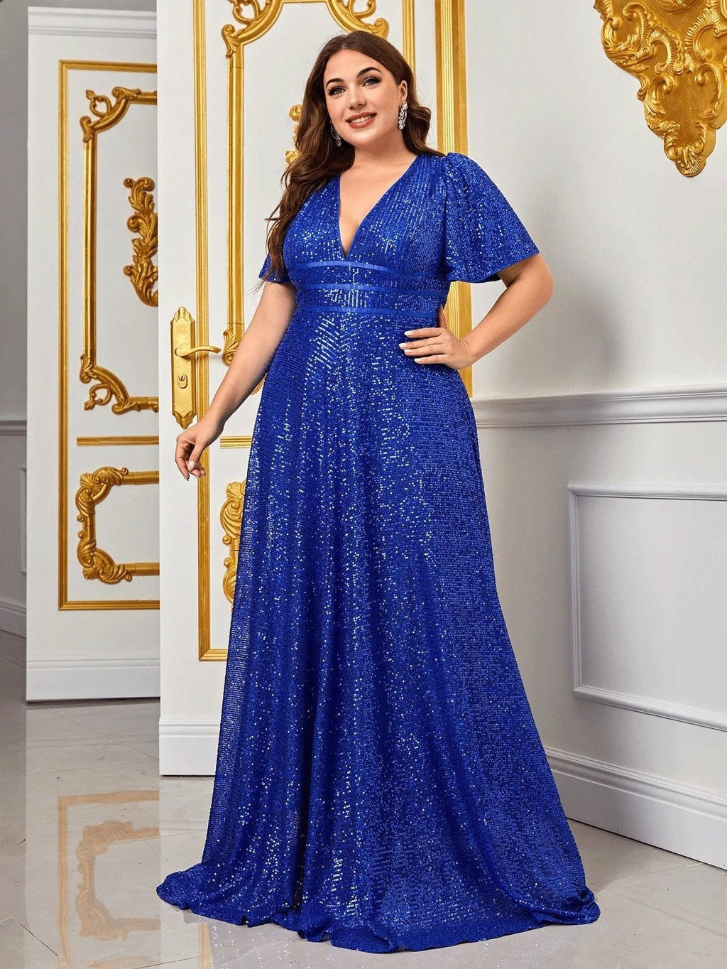 Sequin Maxi Dress with V-Neck and Short Sleeves, Plus-Size Fit