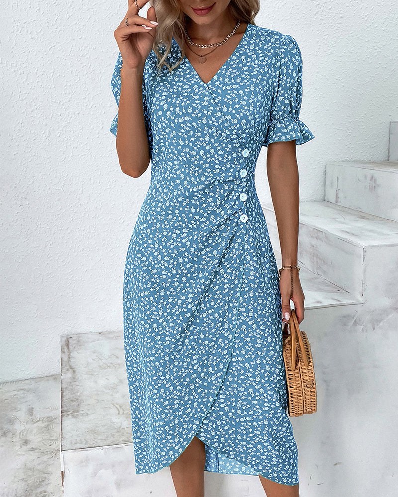 Floral Wrap Midi Dress with V-Neck, Button Front and Asymmetrical Hem