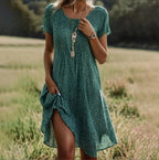 Floral V-Neck Midi Dress with Relaxed Cut, Short Sleeves and High-Low Hem