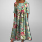 Floral Midi Dress with Three-Quarter Sleeves and Full Skirt for Women