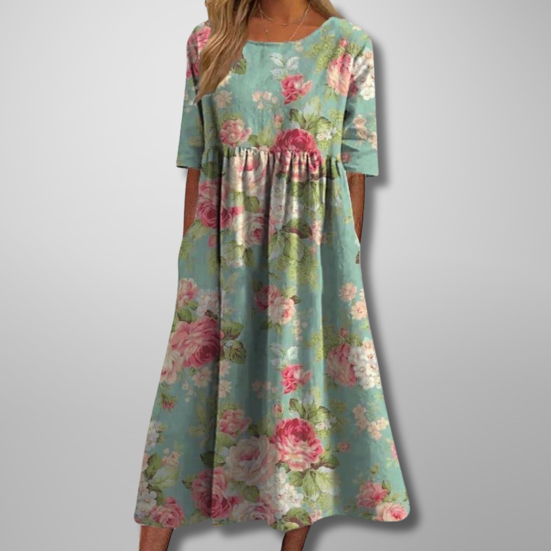 Floral Midi Dress with Three-Quarter Sleeves and Full Skirt for Women