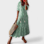 Ikat Maxi Dress with V-neck, Three-Quarter Sleeves and Raw Edges