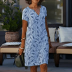 V-Neck Short Sleeve Botanical Print Knee-Length Dress for Women