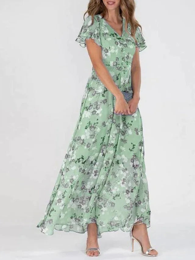 V-Neck Flutter Sleeve Floral Maxi Dress with Relaxed, Flowing Silhouette