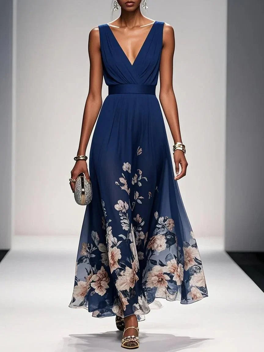 Sleeveless V-Neck Maxi Dress with Fading Floral Print for Women