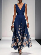 Sleeveless V-Neck Maxi Dress with Fading Floral Print for Women