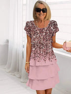 Pleated A-Line Dress with Floral Print, Short Sleeves & Crew Neck