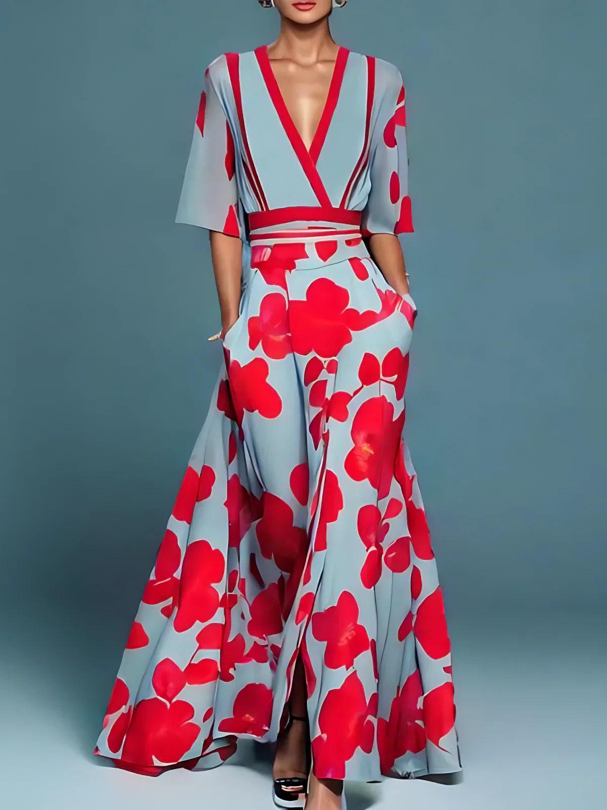 V-Neck Floral Maxi Dress with Three-Quarter Sleeves and Pockets
