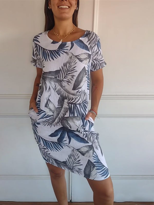 Floral Shift Dress with Short Sleeves, Knee-Length Hem and Side Pockets