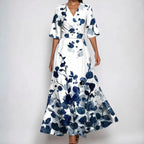 V-neck belted floral maxi dress with three-quarter sleeves