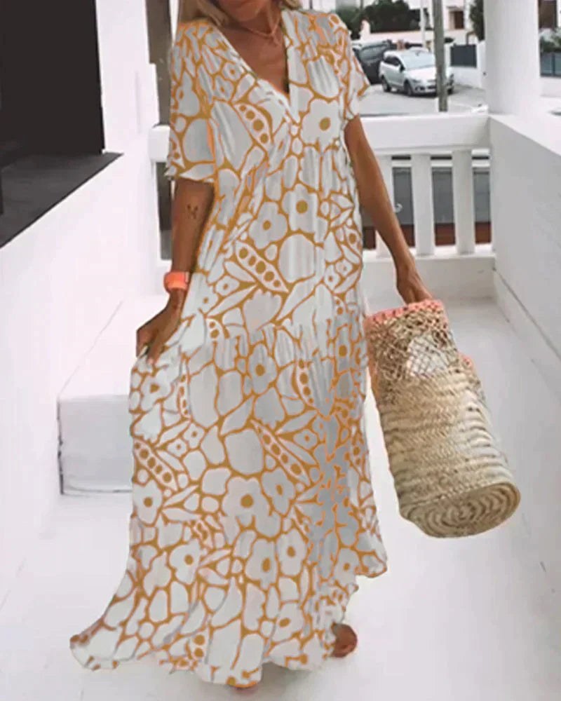 V-Neck Maxi Dress with Two-Tone Abstract Print and Short Sleeves