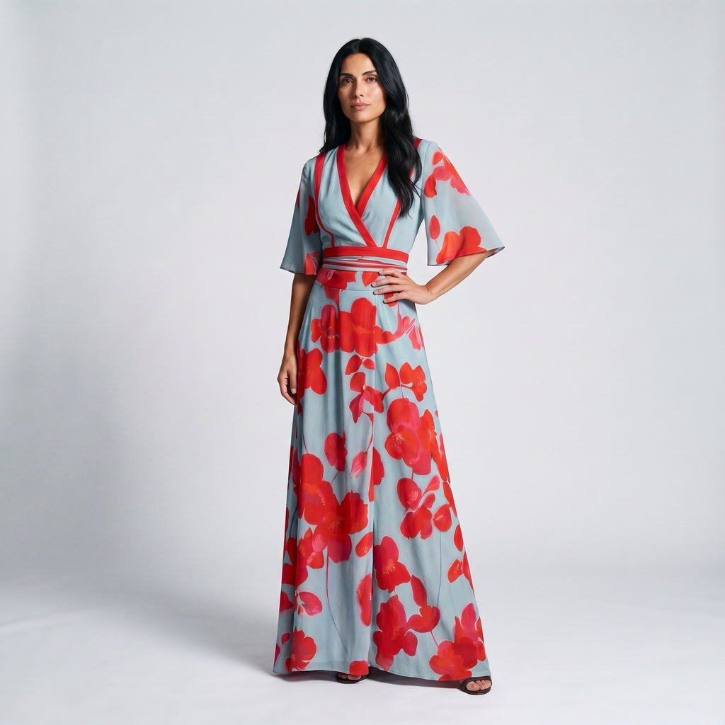 Floral Wrap Maxi Dress with Cropped Tie Bodice and Deep V-Neck