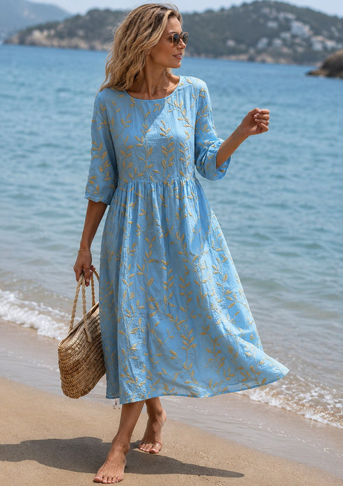 A-line Floral Midi Dress with Three-Quarter Sleeve for Women