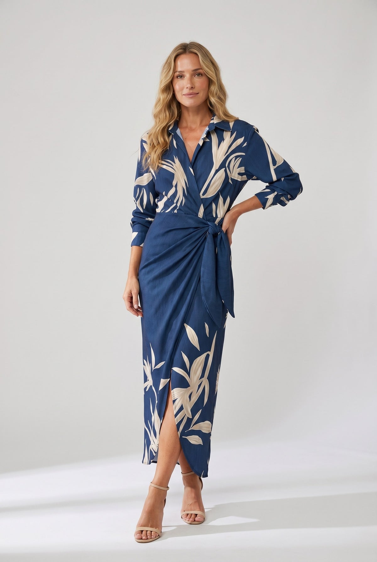 Wrap Maxi Dress with Leaf Print and Three-Quarter Sleeves