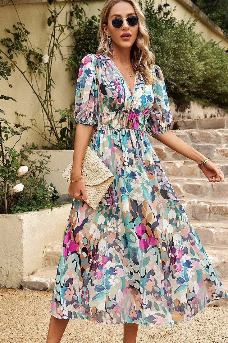 V-Neck Puff Sleeve Midi Dress with Floral Print and Gathered Waist for Women