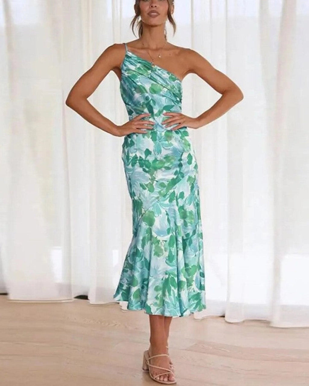 Floral One-Shoulder Draped Asymmetrical Maxi Dress for Women