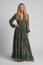 Embroidered Maxi Dress with Deep V-Neck, Long Sleeves and Tie Waist