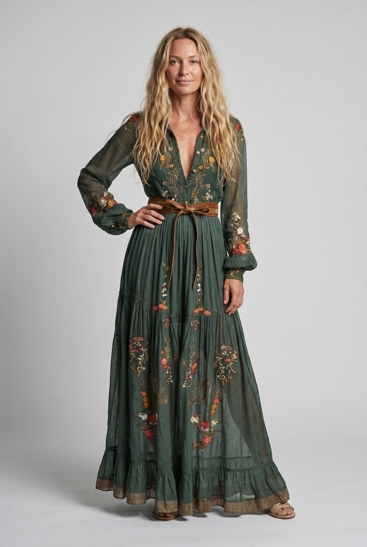 Embroidered Maxi Dress with Deep V-Neck, Long Sleeves and Tie Waist