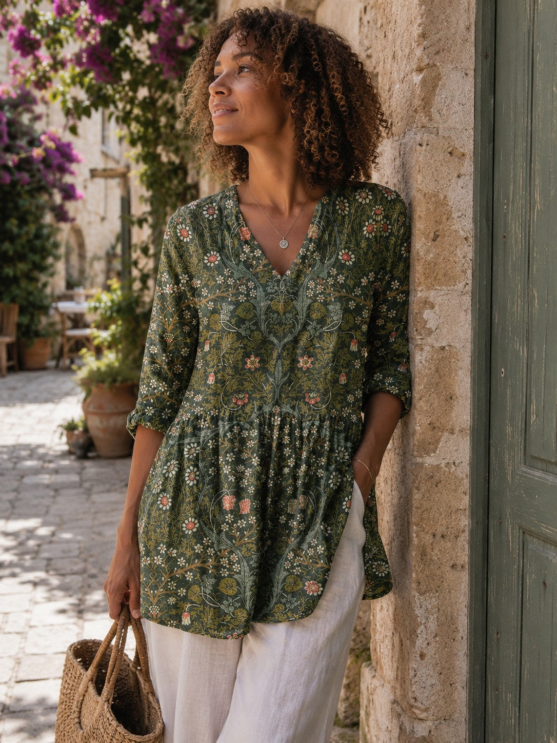 A-Line V-Neck Floral Shirt Dress with Three-Quarter Sleeves, Knee-Length