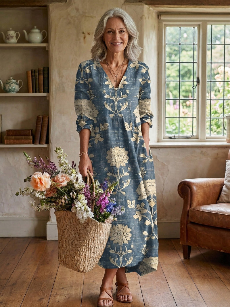 V-Neck Floral Midi Dress with Pockets, Straight Cut and Three-Quarter Sleeves