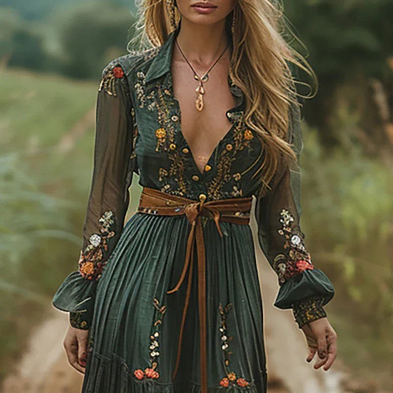 Floral V-neck Maxi Dress with Pleated Skirt and Long Sleeves