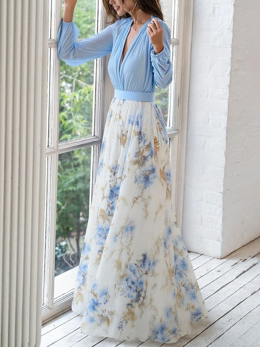 Floral V-Neck Maxi Dress with Long Balloon Sleeves and Flowing Skirt