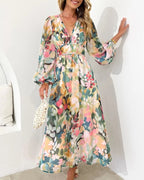 Floral V-Neck Puff Sleeve A-Line Midi Dress with Defined Waist