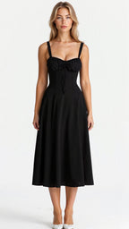 Floral Midi Dress with Sweetheart Neckline, Thin Straps and Side Slit