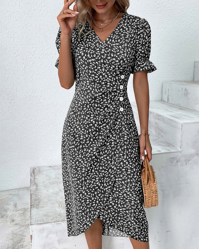 Floral Wrap Midi Dress with V-Neck, Button Front and Asymmetrical Hem