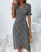 Floral Wrap Midi Dress with V-Neck, Button Front and Asymmetrical Hem