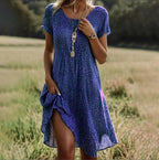 Floral V-Neck Midi Dress with Relaxed Cut, Short Sleeves and High-Low Hem
