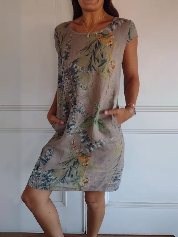 Floral Shift Dress with Short Sleeves, Knee-Length Hem and Side Pockets