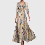 Floral Wrap Maxi Dress with Tie Waist, Deep V Neckline and Three-Quarter Sleeves