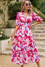 V-Neck Puff Sleeve Midi Dress with Floral Print and Gathered Waist for Women