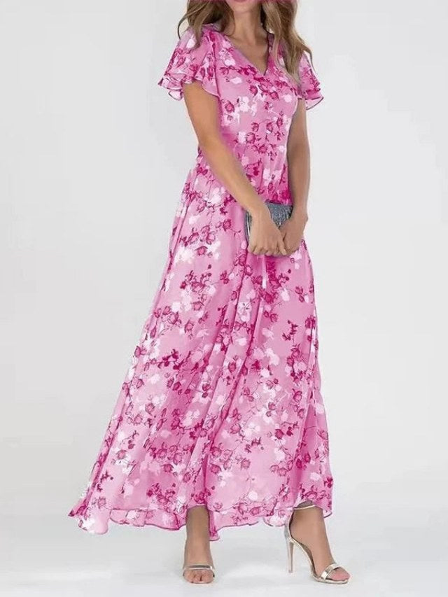V-Neck Flutter Sleeve Floral Maxi Dress with Relaxed, Flowing Silhouette