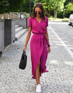 Floral V-neck Wrap Midi Dress with Short Sleeves for Women