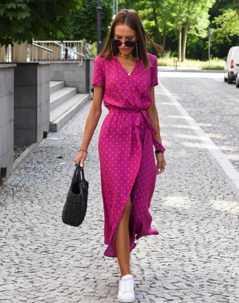 Floral V-neck Wrap Midi Dress with Short Sleeves for Women