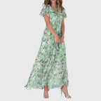Floral V-Neck Maxi Dress with Flutter Sleeves and Relaxed Bodice