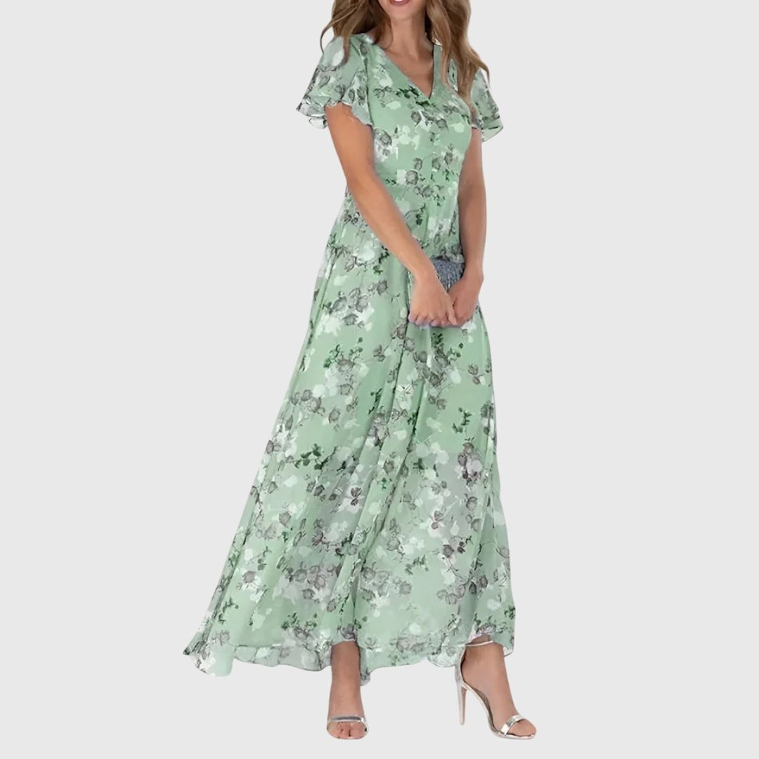Floral V-Neck Maxi Dress with Flutter Sleeves and Relaxed Bodice