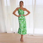 Floral One-Shoulder Draped Asymmetrical Maxi Dress for Women